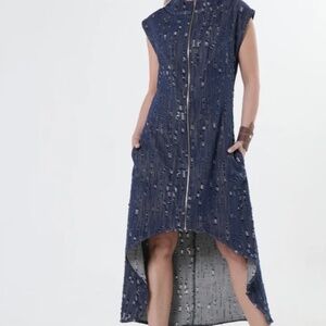 NWT! METAMORPHOZA Distressed 100% Cotton Denim High-Low Dress Zip Front Size L